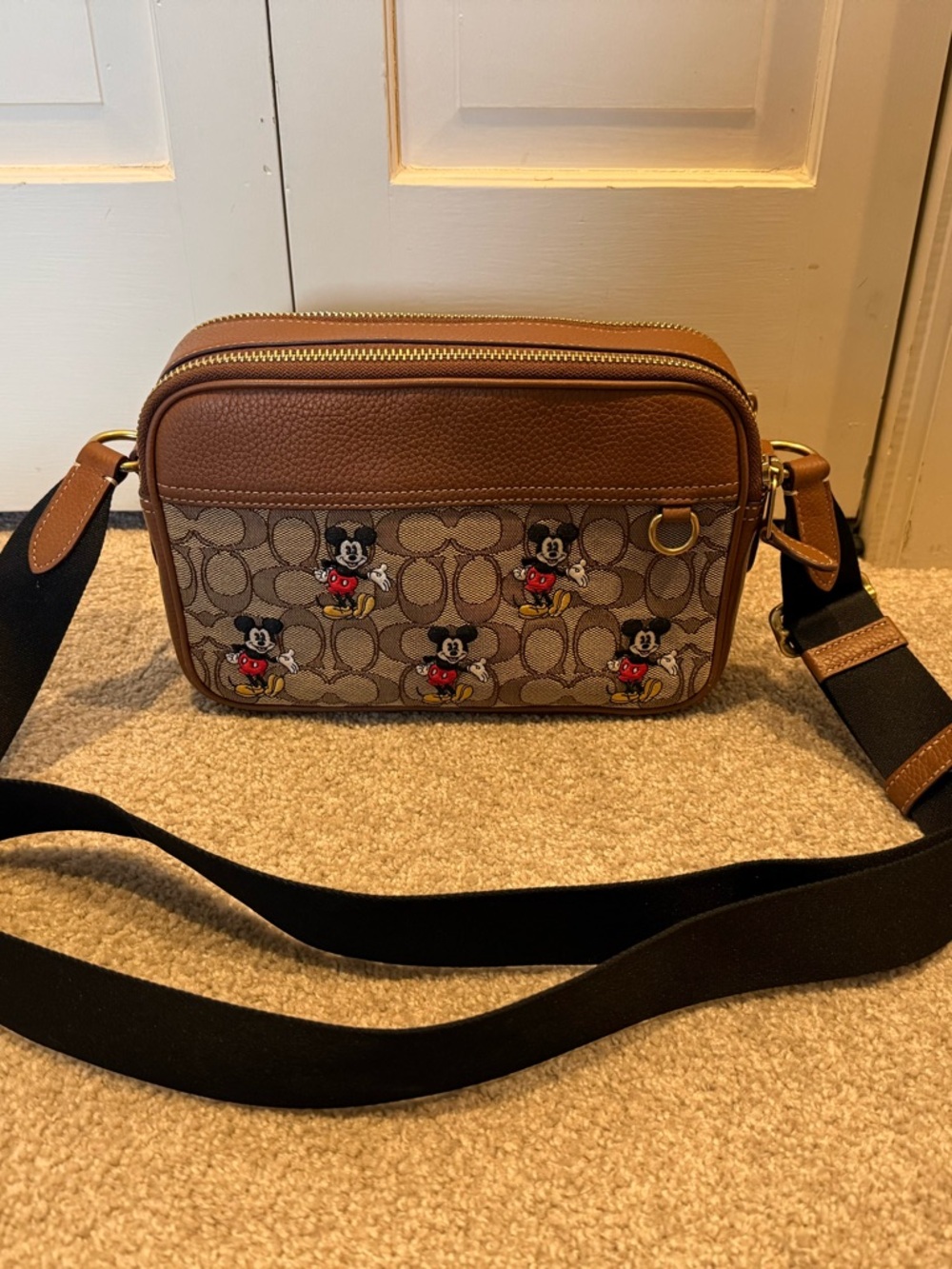 Coach Brown Signature Canvas Mickey Messenger Bag with Black Strap